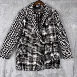 Talbots Women's Black‎ & Off White Houndstooth Plaid Longer Coat Jacket Sz 14